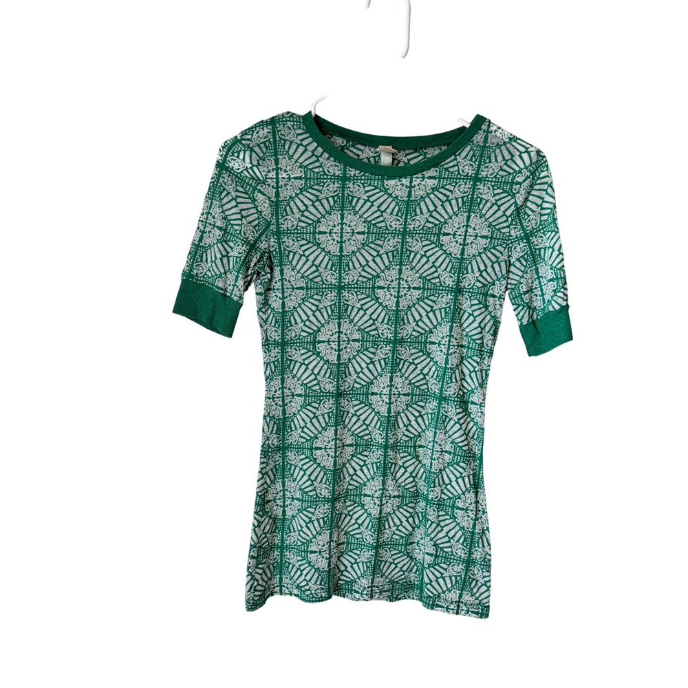 BKE Green White Geometric Damask Print Short Sleeve Crew Neck Top Slim Fit Small